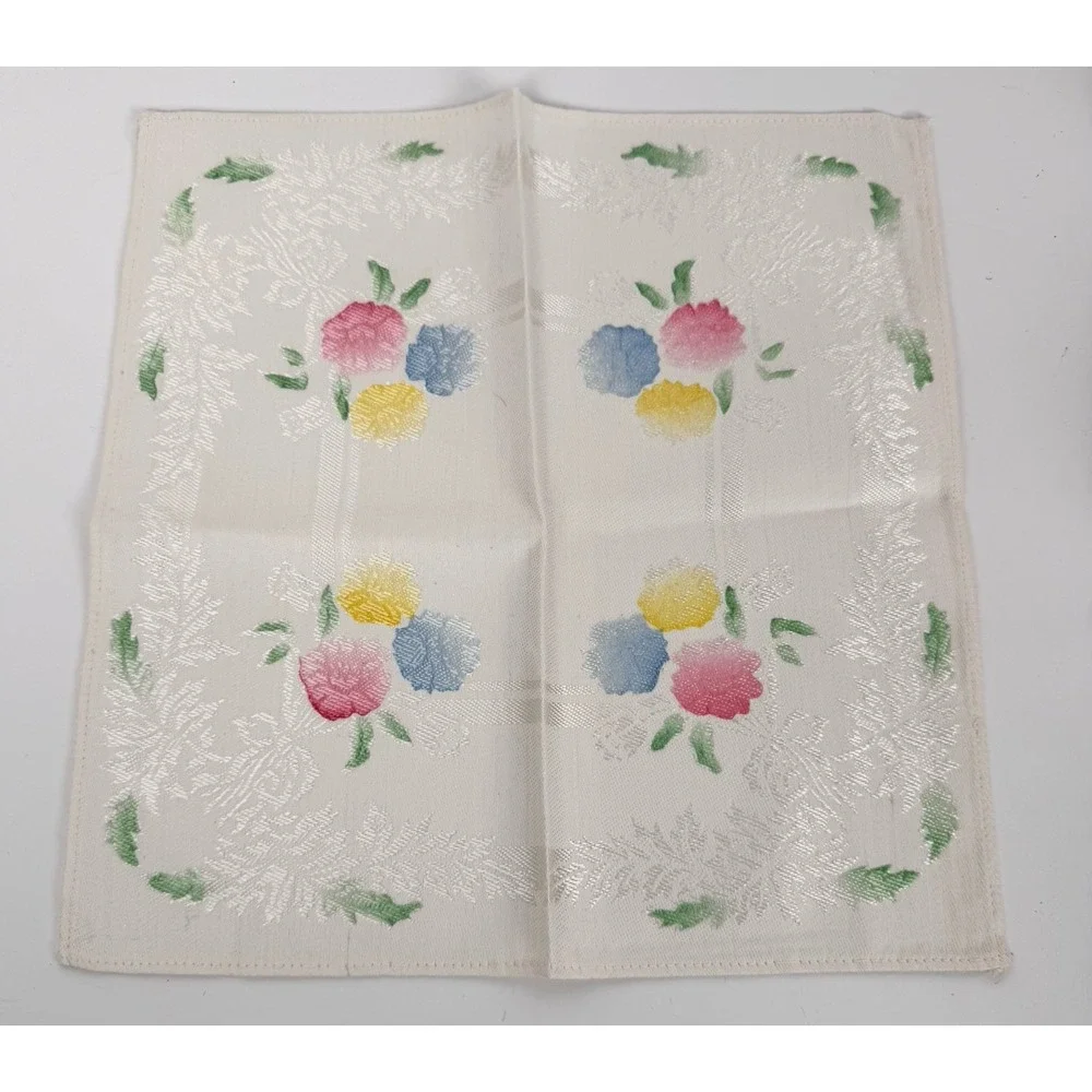 VTG DAMASK Linen Pastel Floral Tablecloth (47x47) & Napkins (3) NOS‎ Handpainted